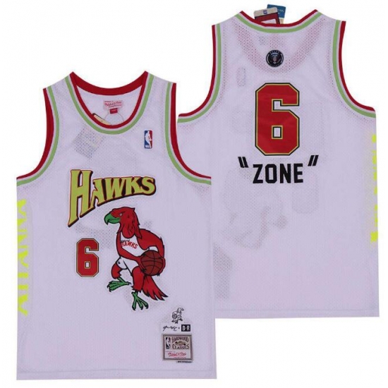 Men B&R Remix Jersey Hawks 6 Zone White Throwback Jersey Men B&R Remix Jersey Hawks 6 Zone White Throwback Jersey