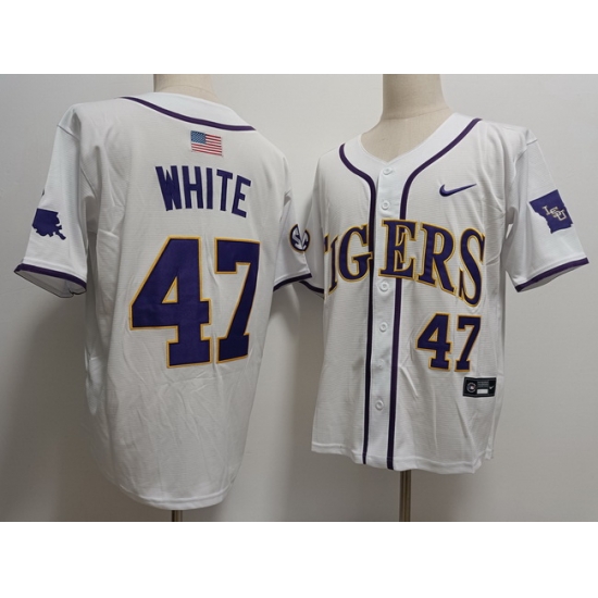Mens LSU Tigers #47 Tommy White 2024 White Baseball Game Jersey Mens LSU Tigers #47 Tommy White 2024 White Baseball Game Jersey