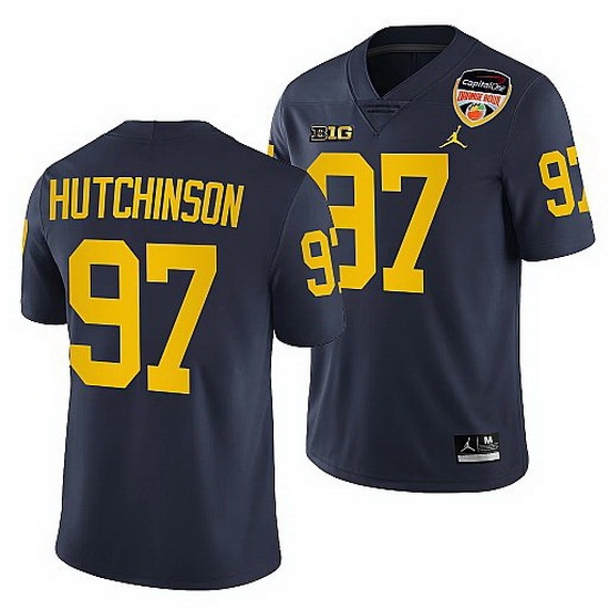 Michigan Wolverines Aidan Hutchinson Navy 2021 Orange Bowl College Football Playoff Jersey Michigan Wolverines Aidan Hutchinson Navy 2021 Orange Bowl College Football Playoff Jersey