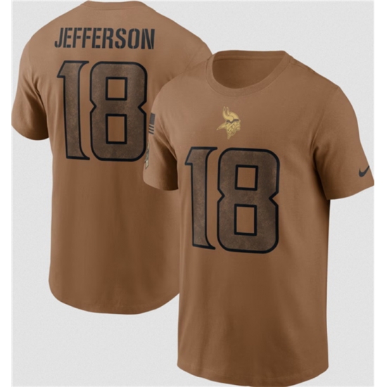 Men Minnesota Vikings 18 Justin Jefferson 2023 Brown Salute To Service Name Number T Shirt Men Minnesota Vikings 18 Justin Jefferson 2023 Brown Salute To Service Name Number T Shirt