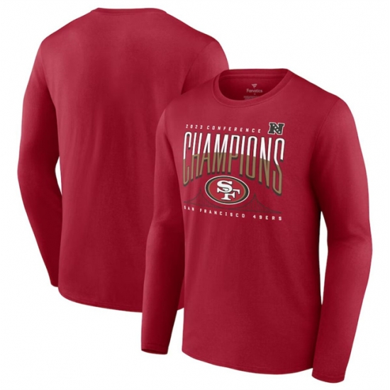 Men San Francisco 49ers Scarlet 2023 NFC Champions Hometown Not Done Long Sleeve T Shirt Men San Francisco 49ers Scarlet 2023 NFC Champions Hometown Not Done Long Sleeve T Shirt