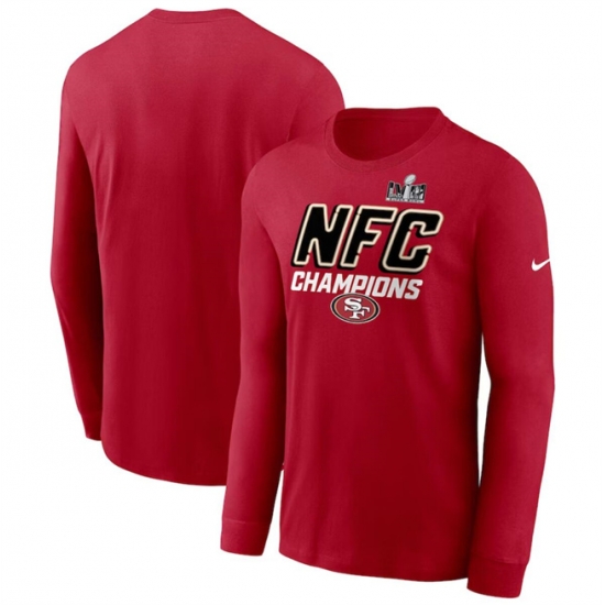 Men San Francisco 49ers Scarlet 2023 NFC Champions Iconic Long Sleeve T Shirt Men San Francisco 49ers Scarlet 2023 NFC Champions Iconic Long Sleeve T Shirt