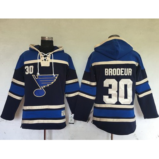 Men St.Louis Blues 30 Martin Brodeur Navy Blue Sawyer Hooded Sweatshirt Stitched NHL Jersey Men St.Louis Blues 30 Martin Brodeur Navy Blue Sawyer Hooded Sweatshirt Stitched NHL Jersey