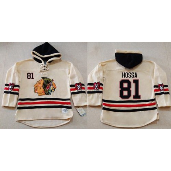 Men Chicago Blackhawks 81 Marian Hossa Cream Heavyweight Pullover Hoodie Stitched NHL Jersey Men Chicago Blackhawks 81 Marian Hossa Cream Heavyweight Pullover Hoodie Stitched NHL Jersey