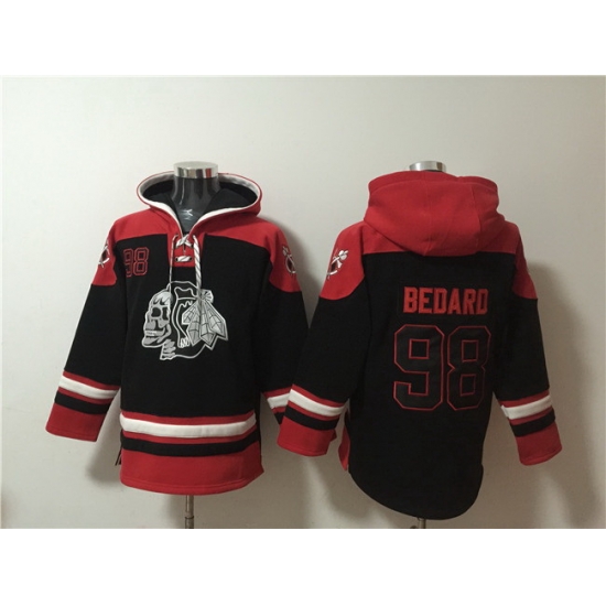 Men Chicago Blackhawks 98 Connor Bedard Black Lace Up Pullover Hoodie Men Chicago Blackhawks 98 Connor Bedard Black Lace Up Pullover Hoodie