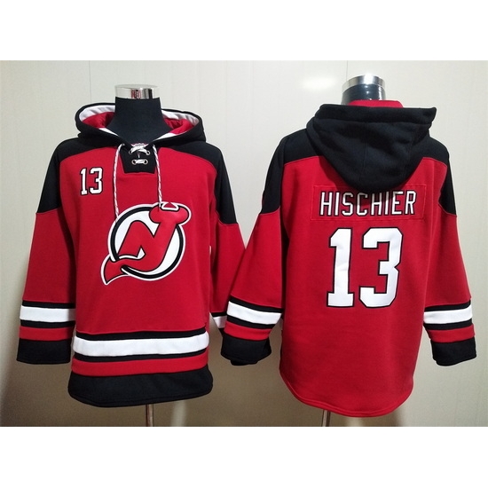 Men New Jersey Devils 13 Nico Hischier Red Stitched Hoody Men New Jersey Devils 13 Nico Hischier Red Stitched Hoody