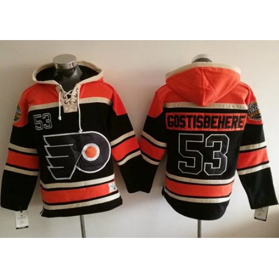 Men Philadelphia Flyers 53 Shayne Gostisbehere Black Sawyer Hooded Sweatshirt Stitched NHL Jersey Men Philadelphia Flyers 53 Shayne Gostisbehere Black Sawyer Hooded Sweatshirt Stitched NHL Jersey