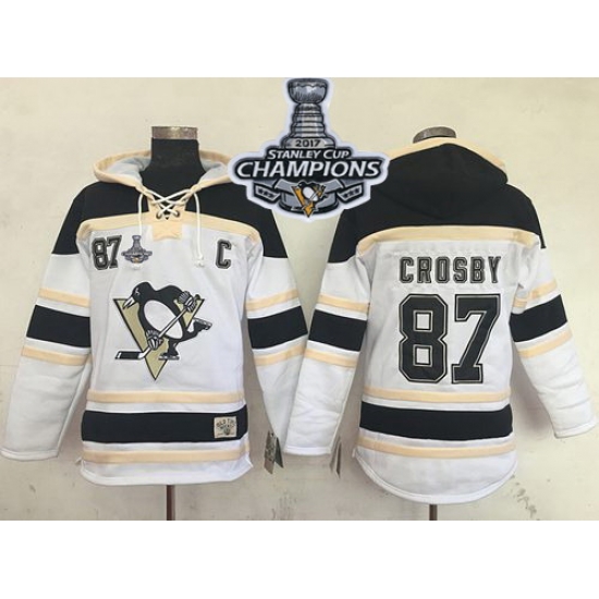 Men Pittsburgh Penguins 87 Sidney Crosby White Sawyer Hooded Sweatshirt 2017 Stanley Cup Finals Champions Stitched NHL Jersey