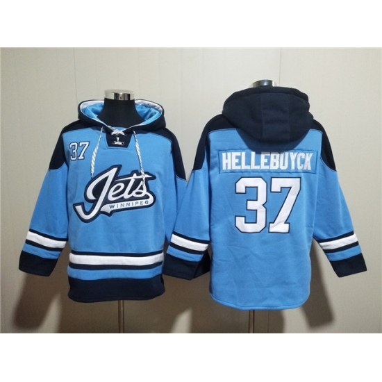 Men Winnipeg Jets 37 Connor Hellebuyck Blue Lace Up Pullover Hoodie Men Winnipeg Jets 37 Connor Hellebuyck Blue Lace Up Pullover Hoodie