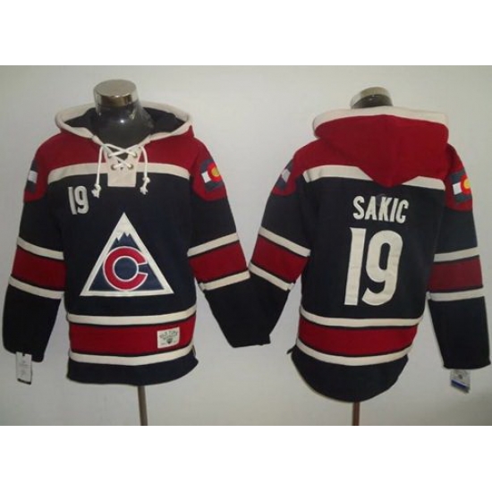 Men Colorado Avalanche 19 Joe Sakic Navy Blue Sawyer Hooded Sweatshirt Stitched NHL Jersey Men Colorado Avalanche 19 Joe Sakic Navy Blue Sawyer Hooded Sweatshirt Stitched NHL Jersey