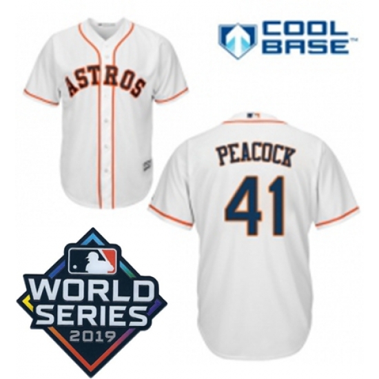 Mens Majestic Houston Astros 41 Brad Peacock Replica White Home Cool Base Sitched 2019 World Series Patch jersey Mens Majestic Houston Astros 41 Brad Peacock Replica White Home Cool Base Sitched 2019 World Series Patch jersey