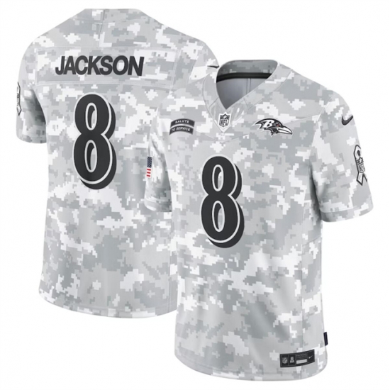 Men Baltimore Ravens 8 Lamar Jackson 2024 Arctic Camo Salute To Service Limited Stitched Football Jersey Men Baltimore Ravens 8 Lamar Jackson 2024 Arctic Camo Salute To Service Limited Stitched Football Jersey