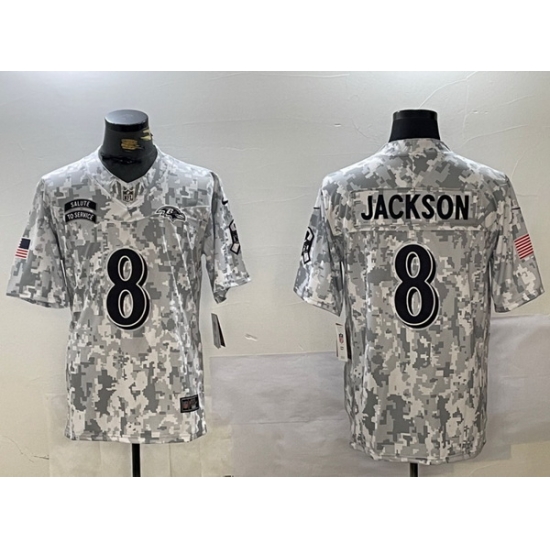 Men Baltimore Ravens 8 Lamar Jackson 2024 F U S E Arctic Camo Salute To Service Limited Stitched Football Jersey Men Baltimore Ravens 8 Lamar Jackson 2024 F U S E Arctic Camo Salute To Service Limited Stitched Football Jersey