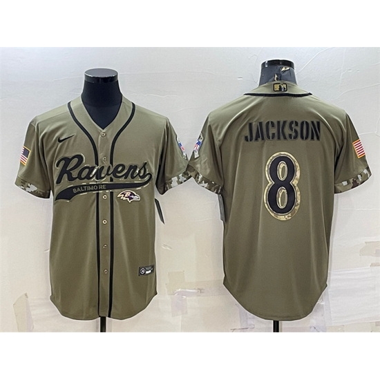 Men Baltimore Ravens 8 Lamar Jackson Olive 2022 Salute To Service Cool Base Stitched Baseball Jersey Men Baltimore Ravens 8 Lamar Jackson Olive 2022 Salute To Service Cool Base Stitched Baseball Jersey