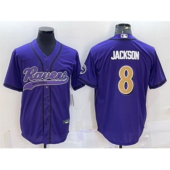 Men Baltimore Ravens 8 Lamar Jackson Purple Gold With Patch Cool Base Stitched Baseball Jersey Men Baltimore Ravens 8 Lamar Jackson Purple Gold With Patch Cool Base Stitched Baseball Jersey