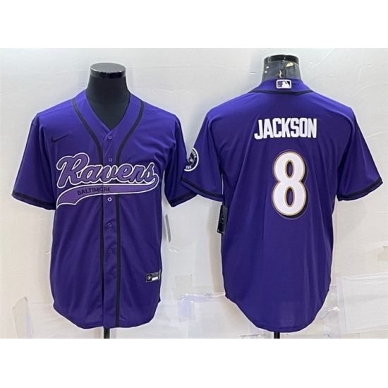 Men Baltimore Ravens 8 Lamar Jackson Purple With Patch Cool Base Stitched Baseball Jersey Men Baltimore Ravens 8 Lamar Jackson Purple With Patch Cool Base Stitched Baseball Jersey