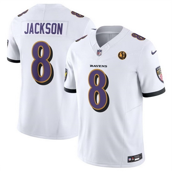 Men Baltimore Ravens 8 Lamar Jackson White 2023 F U S E With John Madden Patch Vapor Limited Football Jersey Men Baltimore Ravens 8 Lamar Jackson White 2023 F U S E With John Madden Patch Vapor Limited Football Jersey