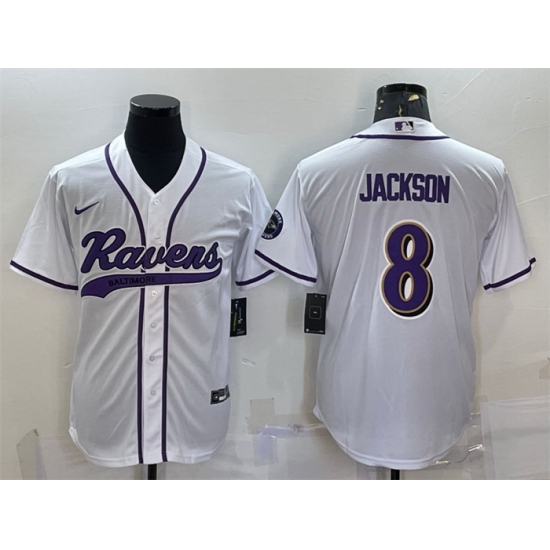 Men Baltimore Ravens 8 Lamar Jackson White With Patch Cool Base Stitched Baseball Jersey Men Baltimore Ravens 8 Lamar Jackson White With Patch Cool Base Stitched Baseball Jersey