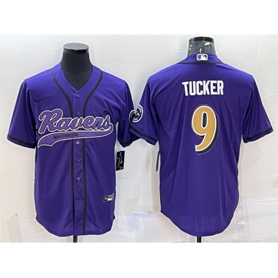 Men Baltimore Ravens 9 Justin Tucker Purple Gold With Patch Cool Base Stitched Baseball Jersey Men Baltimore Ravens 9 Justin Tucker Purple Gold With Patch Cool Base Stitched Baseball Jersey