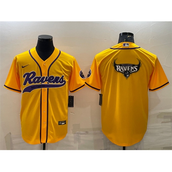 Men Baltimore Ravens Yellow Team Big Logo With Patch Cool Base Stitched Baseball Jersey Men Baltimore Ravens Yellow Team Big Logo With Patch Cool Base Stitched Baseball Jersey