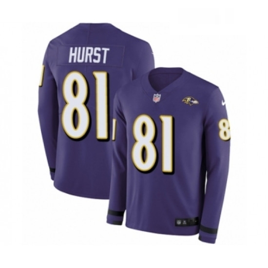 Mens Nike Baltimore Ravens 81 Hayden Hurst Limited Purple Therma Long Sleeve NFL Jersey Mens Nike Baltimore Ravens 81 Hayden Hurst Limited Purple Therma Long Sleeve NFL Jersey