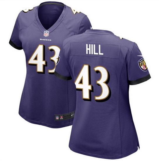 Women Baltimore Ravens 43 Justice Hill Purple Football Jersey Run Small Women Baltimore Ravens 43 Justice Hill Purple Football Jersey Run Small