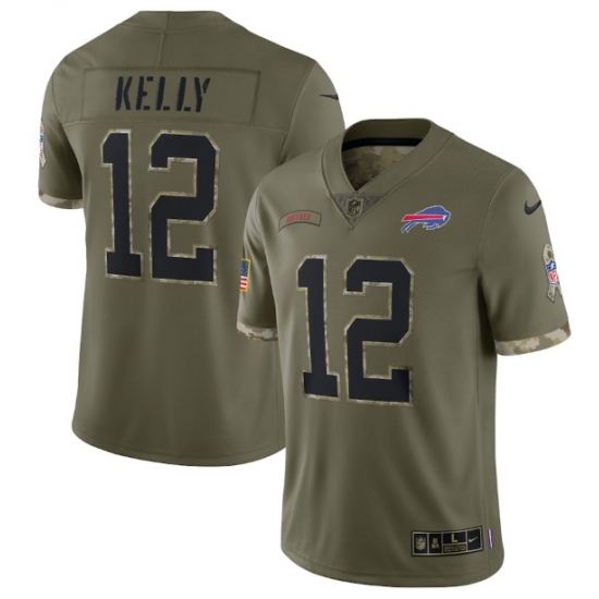 Men Buffalo Bills 12 Jim Kelly Olive 2022 Salute To Service Limited Stitched Jersey Men Buffalo Bills 12 Jim Kelly Olive 2022 Salute To Service Limited Stitched Jersey
