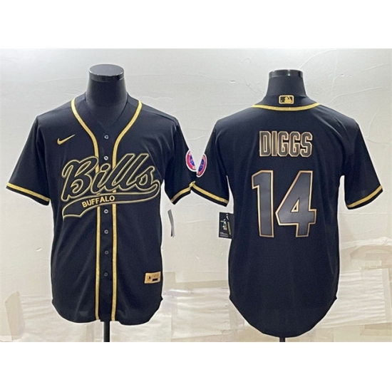 Men Buffalo Bills 14 Stefon Diggs Black Gold With Patch Cool Base Stitched Baseball Jersey Men Buffalo Bills 14 Stefon Diggs Black Gold With Patch Cool Base Stitched Baseball Jersey