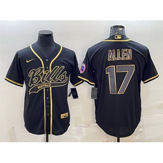 Men Buffalo Bills 17 Josh Allen Black Gold Edition With Patch Cool Base Stitched Baseball Jersey Men Buffalo Bills 17 Josh Allen Black Gold Edition With Patch Cool Base Stitched Baseball Jersey