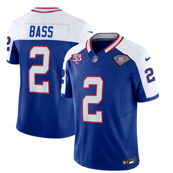 Men Buffalo Bills 2 Tyler Bass Blue White 2023 F U S E 35th And 75th Patch Throwback Vapor Untouchable Limited Stitched Jersey Men Buffalo Bills 2 Tyler Bass Blue White 2023 F U S E 35th And 75th Patch Throwback Vapor Untouchable Limited Stitched Jersey