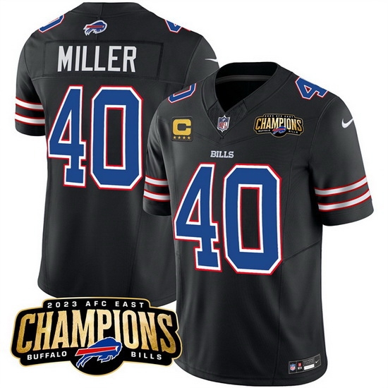 Men Buffalo Bills 40 Von Miller Black 2023 F U S E AFC East Champions With 4 Star C Ptach Stitched Football Jersey Men Buffalo Bills 40 Von Miller Black 2023 F U S E AFC East Champions With 4 Star C Ptach Stitched Football Jersey