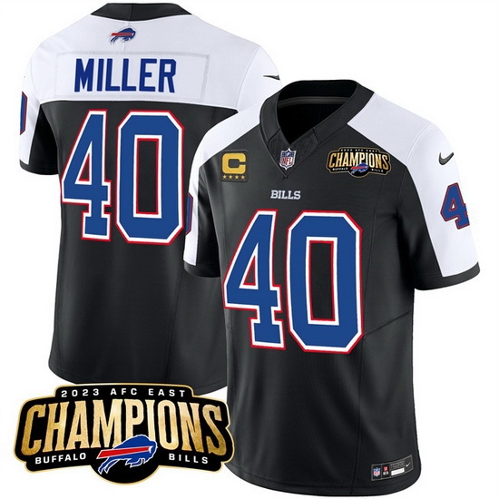 Men Buffalo Bills 40 Von Miller Black White 2023 F U S E AFC East Champions With 4 Star C Ptach Stitched Football Jersey Men Buffalo Bills 40 Von Miller Black White 2023 F U S E AFC East Champions With 4 Star C Ptach Stitched Football Jersey