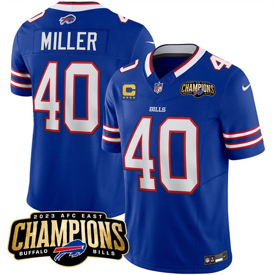 Men Buffalo Bills 40 Von Miller Blue 2023 F U S E AFC East Champions With 4 Star C Ptach Stitched Football Jersey Men Buffalo Bills 40 Von Miller Blue 2023 F U S E AFC East Champions With 4 Star C Ptach Stitched Football Jersey