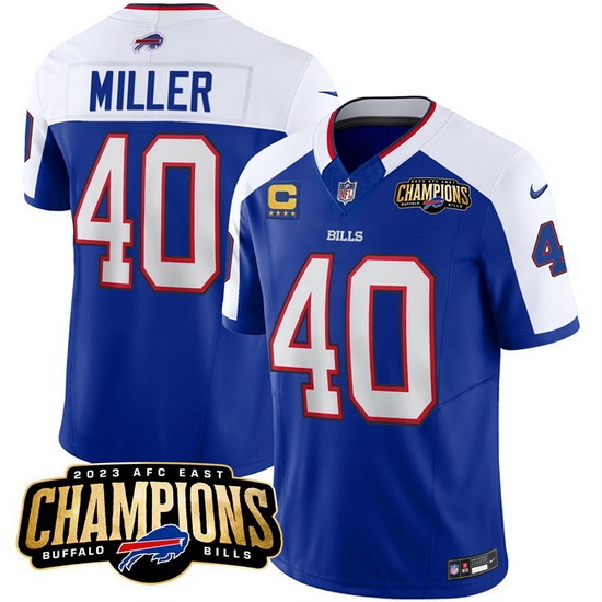 Men Buffalo Bills 40 Von Miller Blue White 2023 F U S E AFC East Champions With 4 Star C Ptach Stitched Football Jersey Men Buffalo Bills 40 Von Miller Blue White 2023 F U S E AFC East Champions With 4 Star C Ptach Stitched Football Jersey