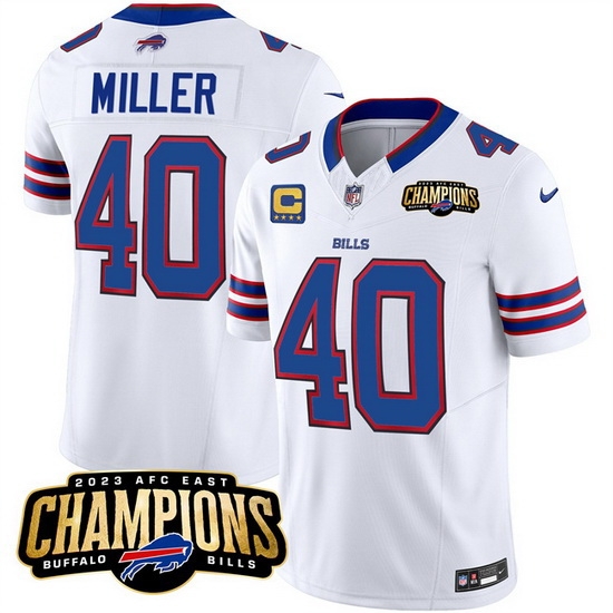 Men Buffalo Bills 40 Von Miller White 2023 F U S E AFC East Champions With 4 Star C Ptach Stitched Football Jersey Men Buffalo Bills 40 Von Miller White 2023 F U S E AFC East Champions With 4 Star C Ptach Stitched Football Jersey