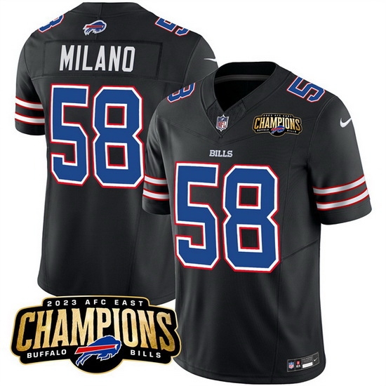 Men Buffalo Bills 58 Matt Milano Black 2023 F U S E AFC East Champions Ptach Stitched Football Jersey Men Buffalo Bills 58 Matt Milano Black 2023 F U S E AFC East Champions Ptach Stitched Football Jersey