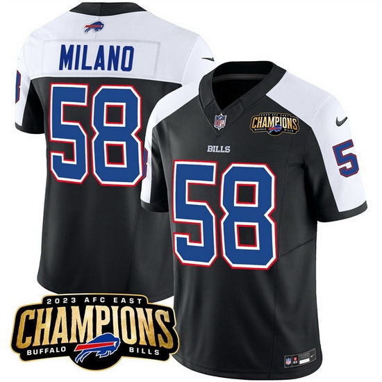 Men Buffalo Bills 58 Matt Milano Black White 2023 F U S E AFC East Champions Ptach Stitched Football Jersey Men Buffalo Bills 58 Matt Milano Black White 2023 F U S E AFC East Champions Ptach Stitched Football Jersey