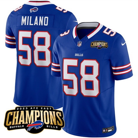 Men Buffalo Bills 58 Matt Milano Blue 2023 F U S E AFC East Champions Ptach Stitched Football Jersey Men Buffalo Bills 58 Matt Milano Blue 2023 F U S E AFC East Champions Ptach Stitched Football Jersey