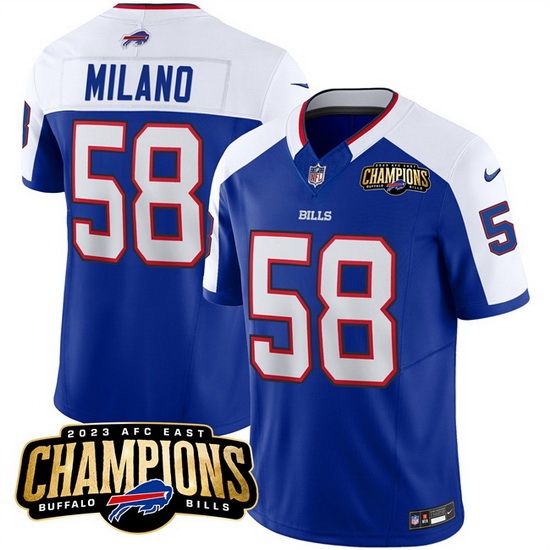Men Buffalo Bills 58 Matt Milano Blue White 2023 F U S E AFC East Champions Ptach Stitched Football Jersey Men Buffalo Bills 58 Matt Milano Blue White 2023 F U S E AFC East Champions Ptach Stitched Football Jersey