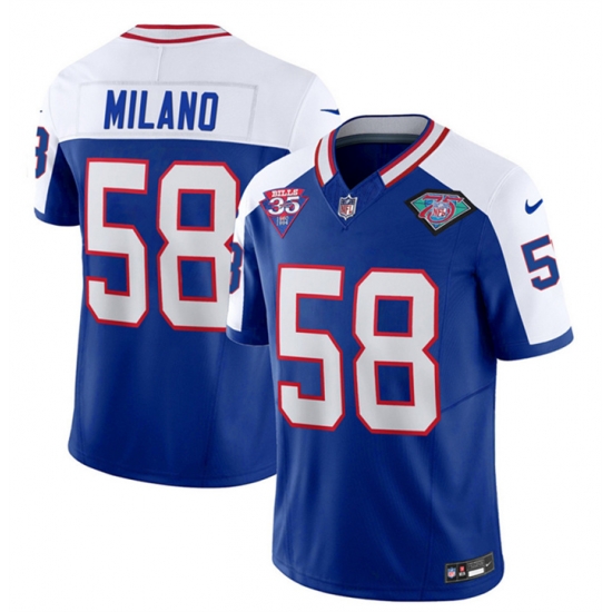 Men Buffalo Bills 58 Matt Milano Blue White 35th And 75th Patch 2023 F U S E Throwback Vapor Untouchable Limited Stitched Jersey Men Buffalo Bills 58 Matt Milano Blue White 35th And 75th Patch 2023 F U S E Throwback Vapor Untouchable Limited Stitched Jersey