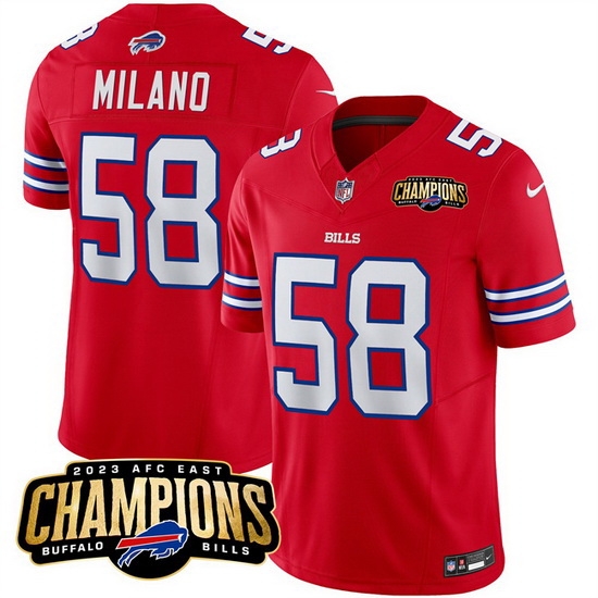 Men Buffalo Bills 58 Matt Milano Red 2023 F U S E AFC East Champions Ptach Stitched Football Jersey Men Buffalo Bills 58 Matt Milano Red 2023 F U S E AFC East Champions Ptach Stitched Football Jersey