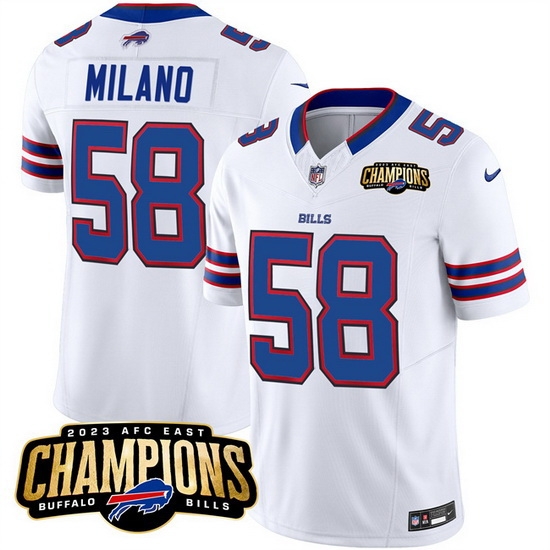 Men Buffalo Bills 58 Matt Milano White 2023 F U S E AFC East Champions Ptach Stitched Football Jersey Men Buffalo Bills 58 Matt Milano White 2023 F U S E AFC East Champions Ptach Stitched Football Jersey