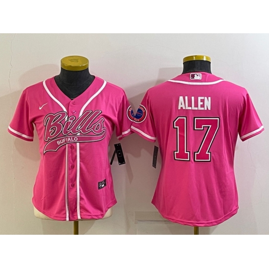 Women Buffalo Bills 17 Josh Allen Pink With Patch Cool Base Stitched Baseball Jersey Women Buffalo Bills 17 Josh Allen Pink With Patch Cool Base Stitched Baseball Jersey