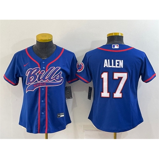 Women Buffalo Bills 17 Josh Allen Royal With Patch Cool Base Stitched Baseball Jersey Women Buffalo Bills 17 Josh Allen Royal With Patch Cool Base Stitched Baseball Jersey