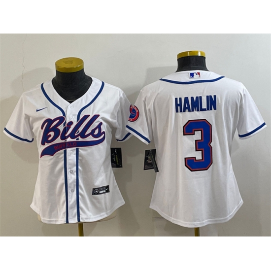 Women Buffalo Bills 3 Damar Hamlin White With Patch Cool Base Stitched Baseball Jersey Women Buffalo Bills 3 Damar Hamlin White With Patch Cool Base Stitched Baseball Jersey