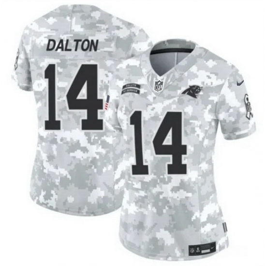 Women Carolina Panthers 14 Andy Dalton 2024 F U S E Arctic Camo Salute To Service Limited Stitched Football Jersey Women Carolina Panthers 14 Andy Dalton 2024 F U S E Arctic Camo Salute To Service Limited Stitched Football Jersey