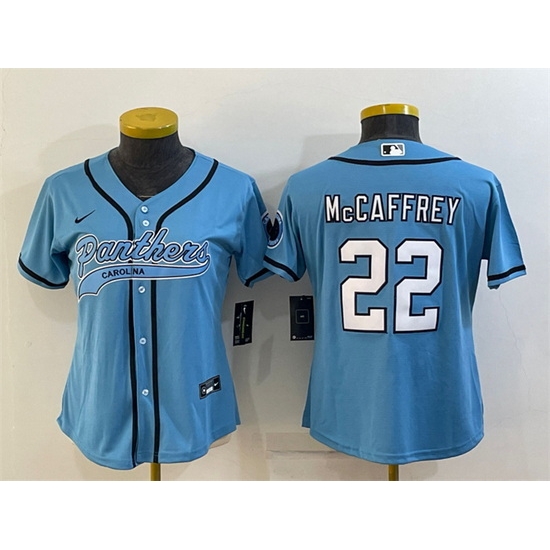 Women Carolina Panthers 22 Christian McCaffrey Blue With Patch Cool Base Stitched Baseball Jersey Women Carolina Panthers 22 Christian McCaffrey Blue With Patch Cool Base Stitched Baseball Jersey