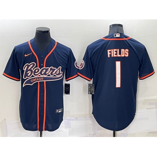 Men Chicago Bears 1 Justin Fields Navy Cool Base Stitched Baseball Jersey Men Chicago Bears 1 Justin Fields Navy Cool Base Stitched Baseball Jersey