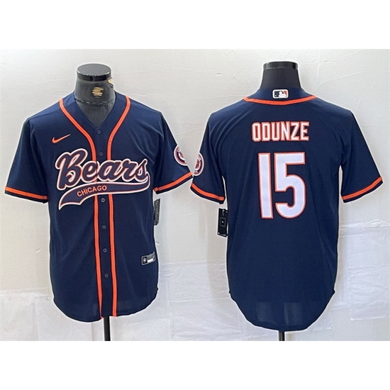 Men Chicago Bears 15 Rome Odunze Navy With Patch Cool Base Stitched Baseball Jersey Men Chicago Bears 15 Rome Odunze Navy With Patch Cool Base Stitched Baseball Jersey