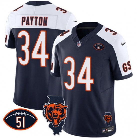 Men Chicago Bears 34 Walter Payton Navy White F U S E With Illinois And No 51 Patch Stitched Football Jersey Men Chicago Bears 34 Walter Payton Navy White F U S E With Illinois And No 51 Patch Stitched Football Jersey